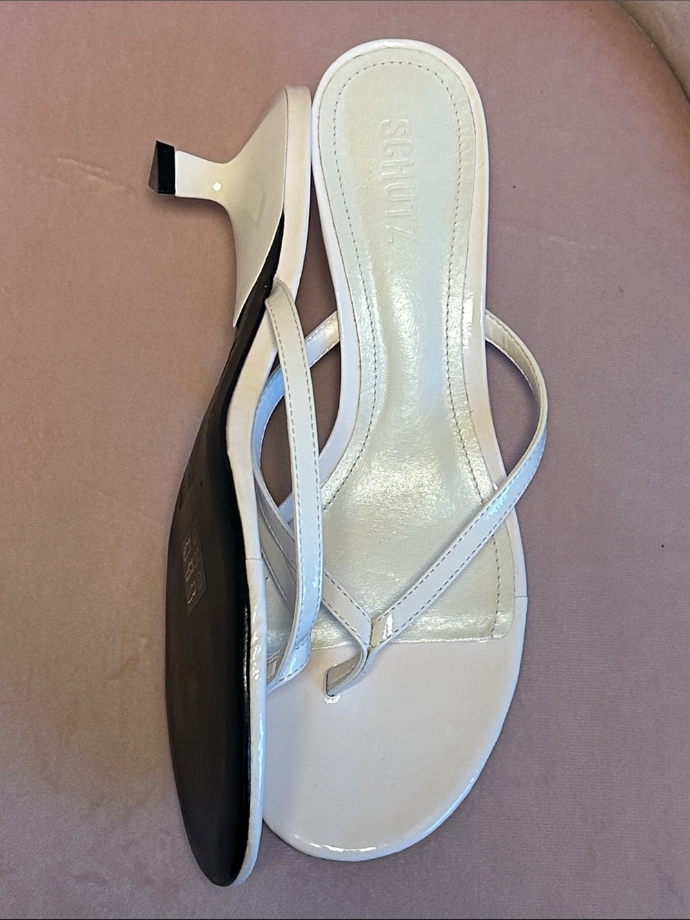 SCHUTZ CAROLYN 50MM LEATHER KITTEN-HEEL THONG SANDALS VERY LIGHT PINK SIZE 9.5 - Picture 7 of 15